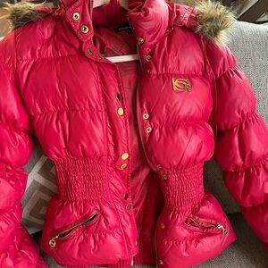 Bebe Red Puffer Bomber Jacket with quilted design